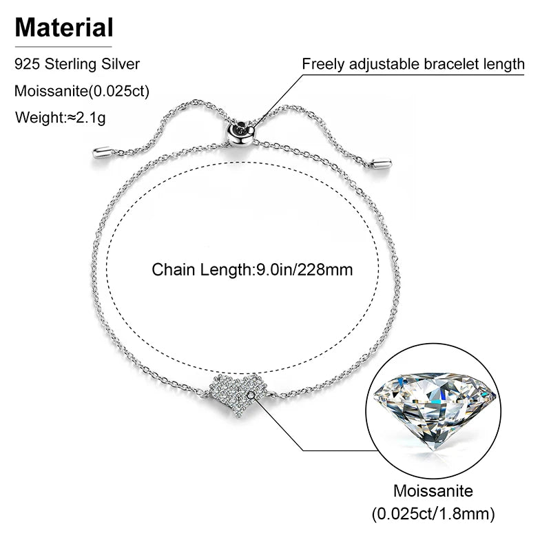 Silver bracelet with moissanite stones and specifications on a white background