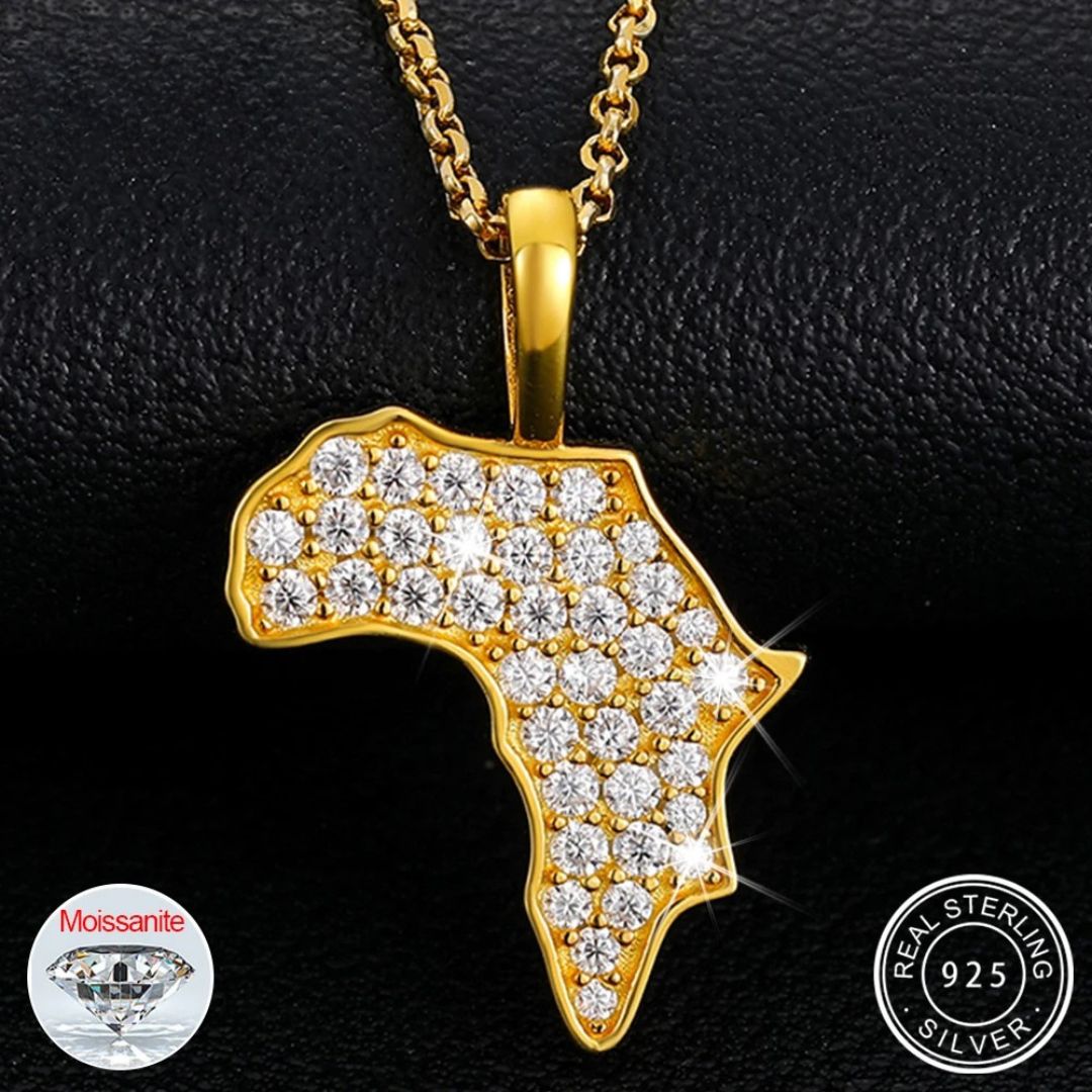 Gold pendant shaped like Africa with diamonds on a black background