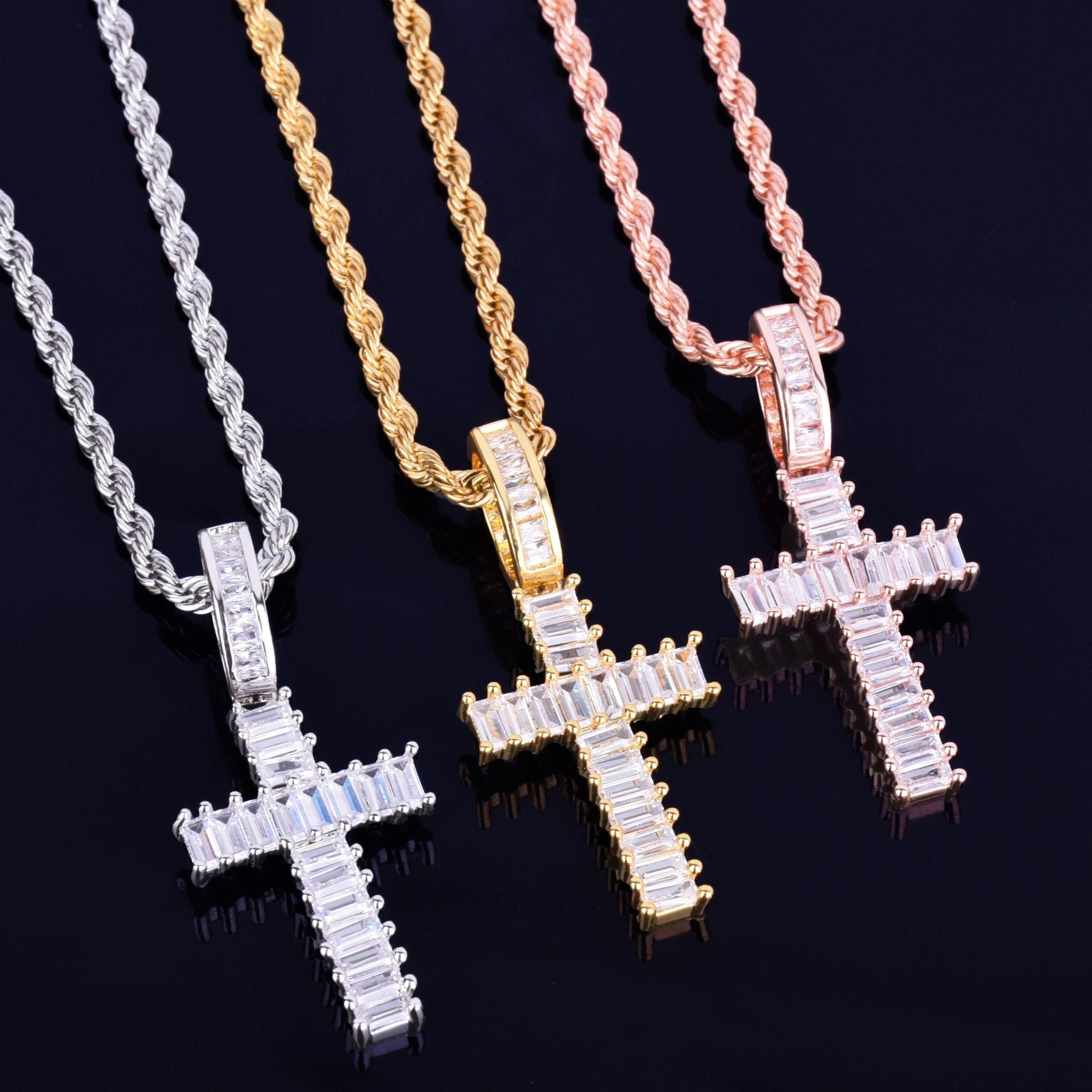 18K Gold Baguette Cross 2 - Drip Culture Jewelry