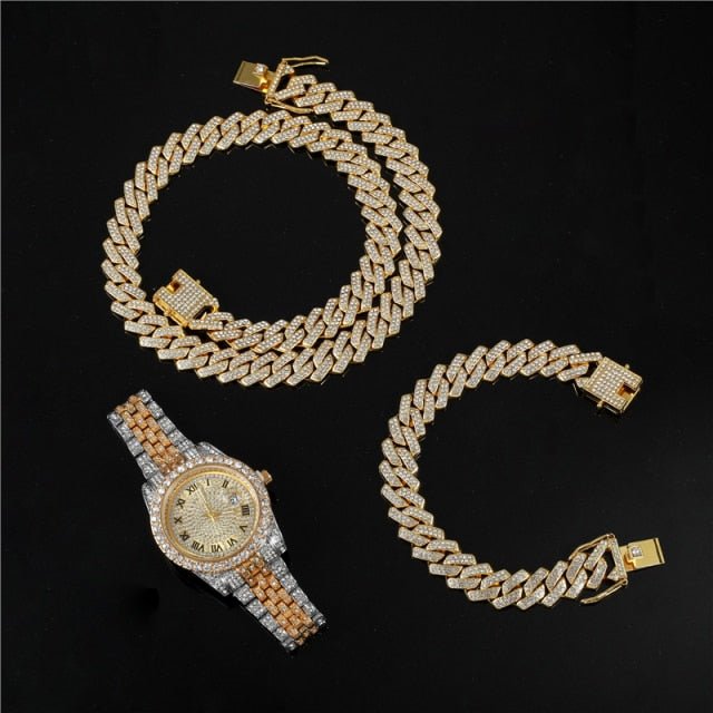 18k Gold Diamond Prong Cuban Link Watch Set (3 Pieces) - Drip Culture Jewelry