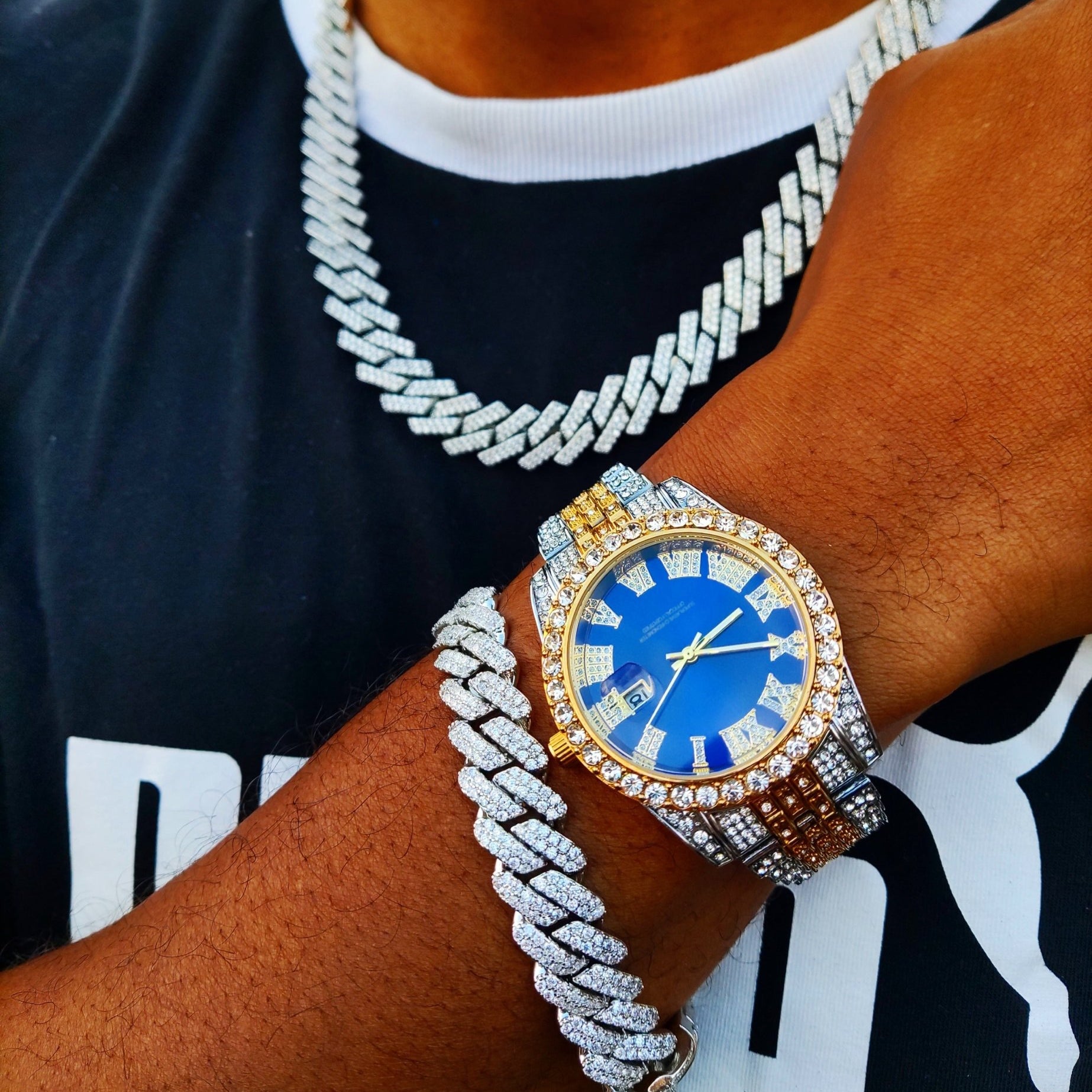 18k Gold Diamond Prong Cuban Link Watch Set (3 Pieces) - Drip Culture Jewelry