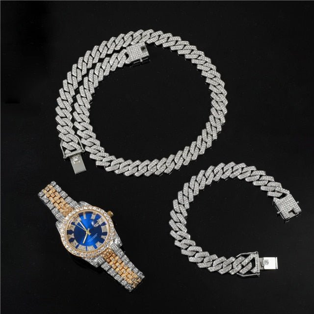 18k Gold Diamond Prong Cuban Link Watch Set (3 Pieces) - Drip Culture Jewelry