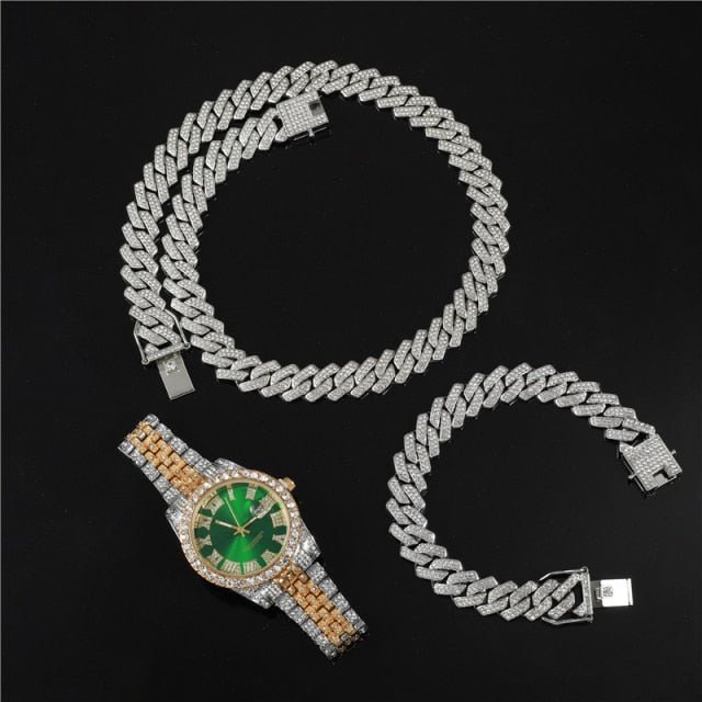 18k Gold Diamond Prong Cuban Link Watch Set (3 Pieces) - Drip Culture Jewelry