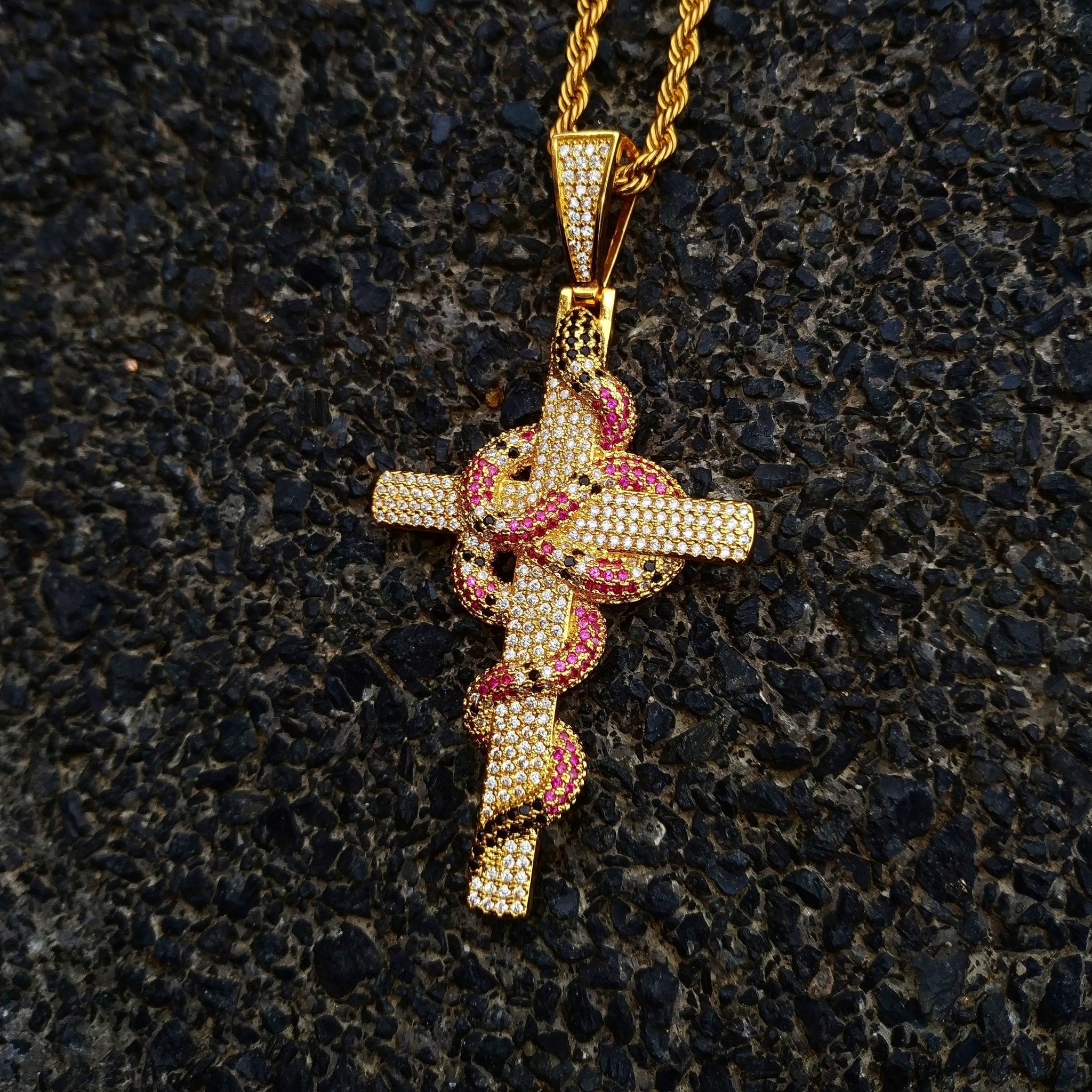 18K Gold Diamond Snake Cross - Drip Culture Jewelry