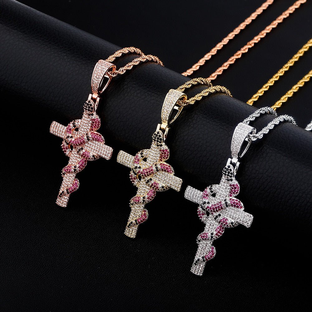18K Gold Diamond Snake Cross - Drip Culture Jewelry