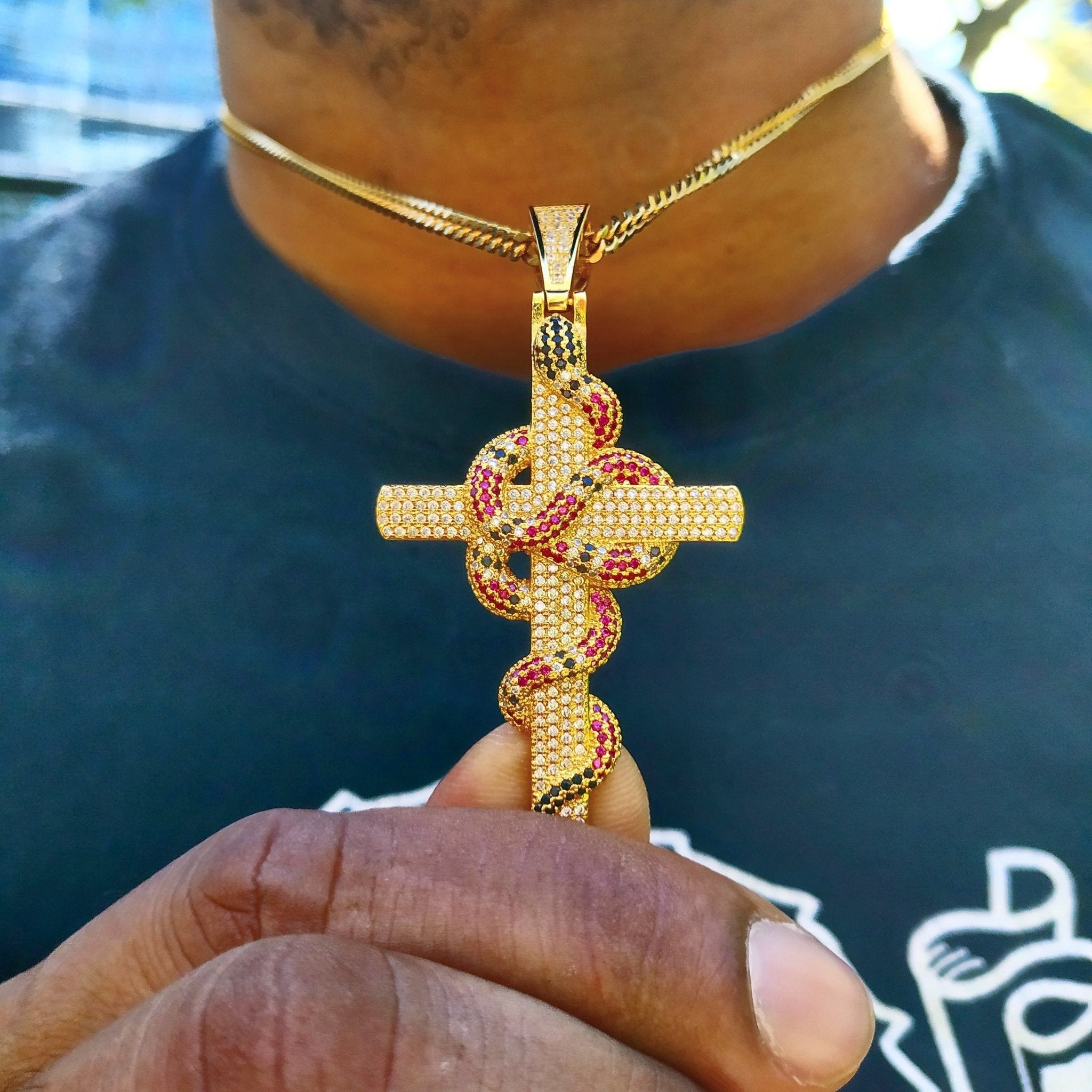 18K Gold Diamond Snake Cross - Drip Culture Jewelry