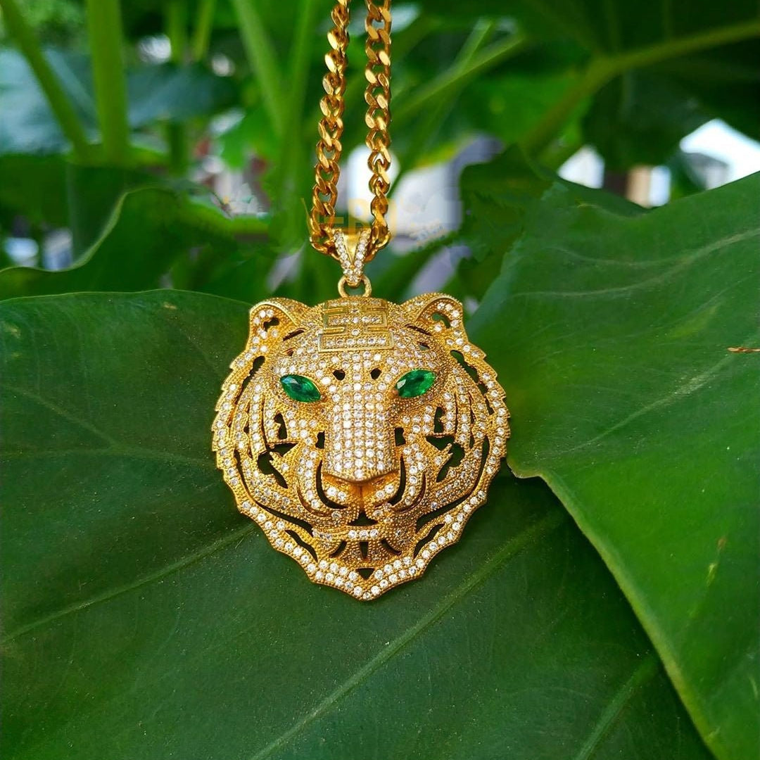 18K Gold Icy Emerald Eye Tiger - Drip Culture Jewelry