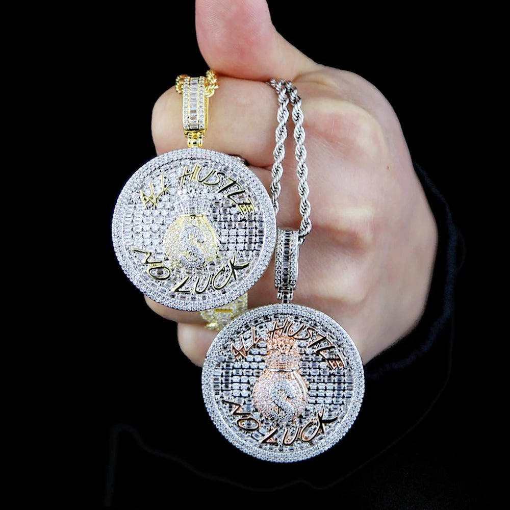 18k Gold Diamond Baguette All Hustle, No Luck Pendant - Drip Culture Jewelry