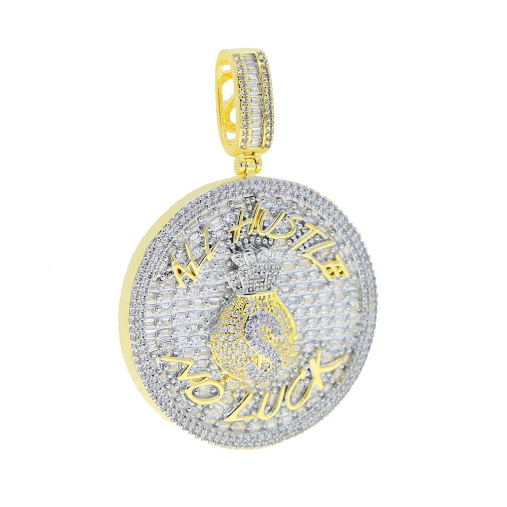 18k Gold Diamond Baguette All Hustle, No Luck Pendant - Drip Culture Jewelry