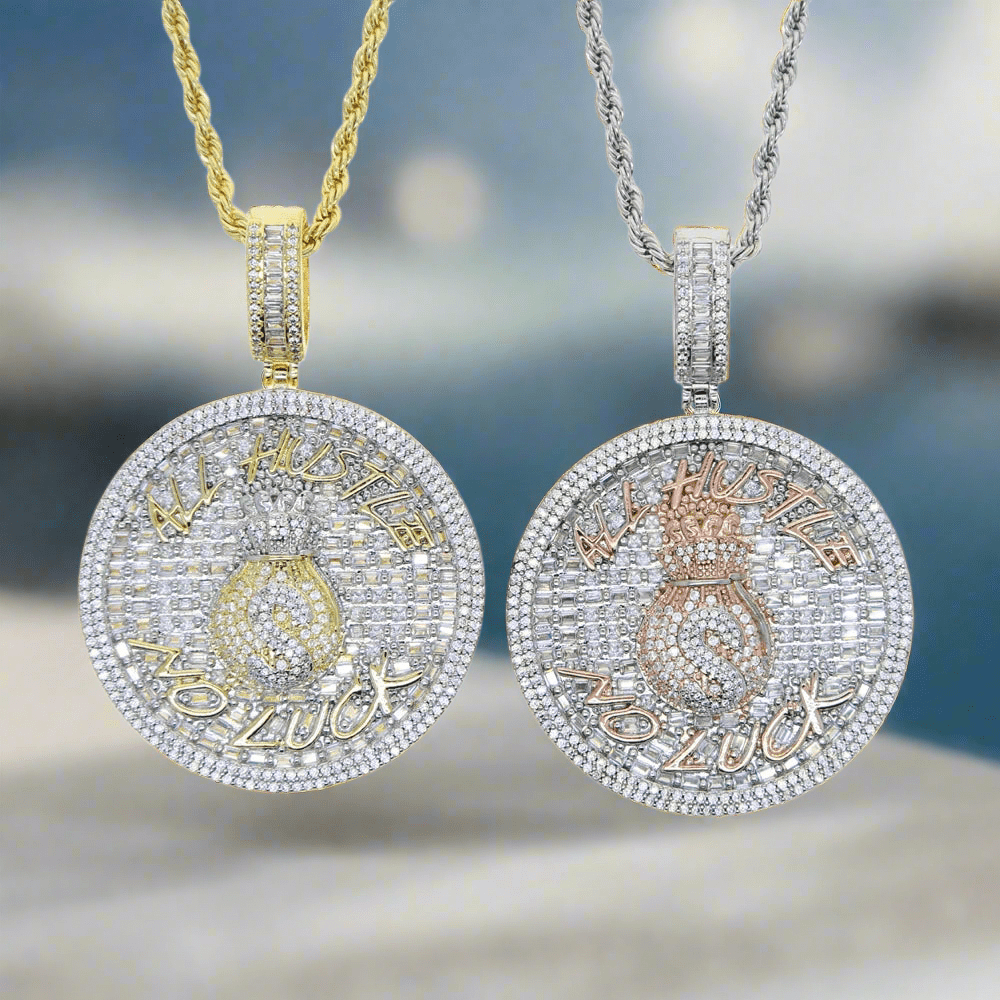18k Gold Diamond Baguette All Hustle, No Luck Pendant - Drip Culture Jewelry