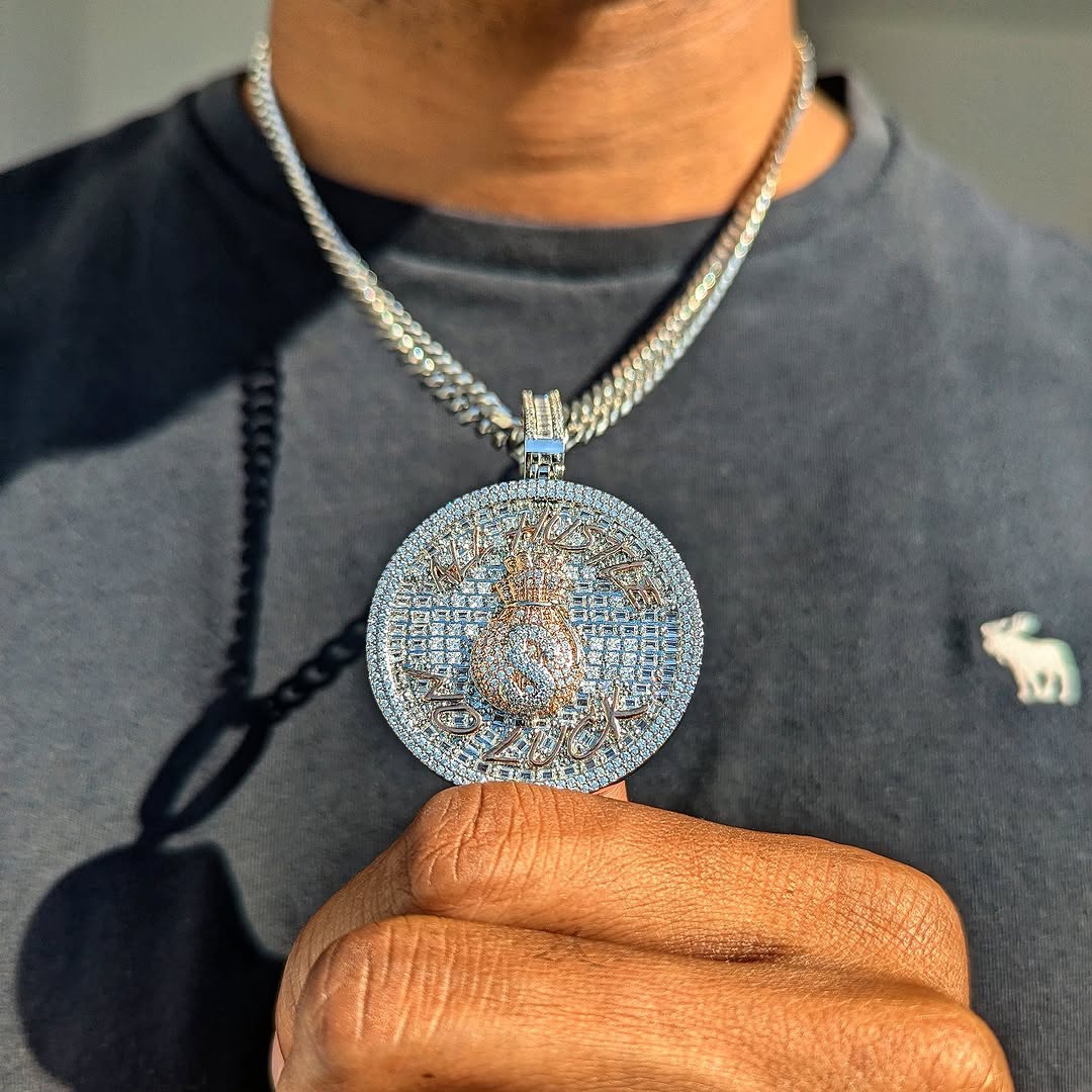 18k Gold Diamond Baguette All Hustle, No Luck Pendant - Drip Culture Jewelry