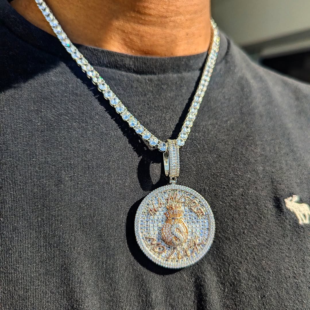 18k Gold Diamond Baguette All Hustle, No Luck Pendant - Drip Culture Jewelry