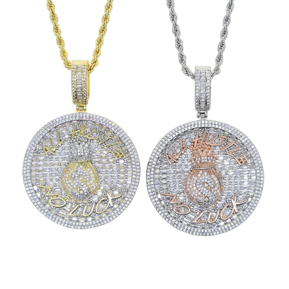 18k Gold Diamond Baguette All Hustle, No Luck Pendant - Drip Culture Jewelry