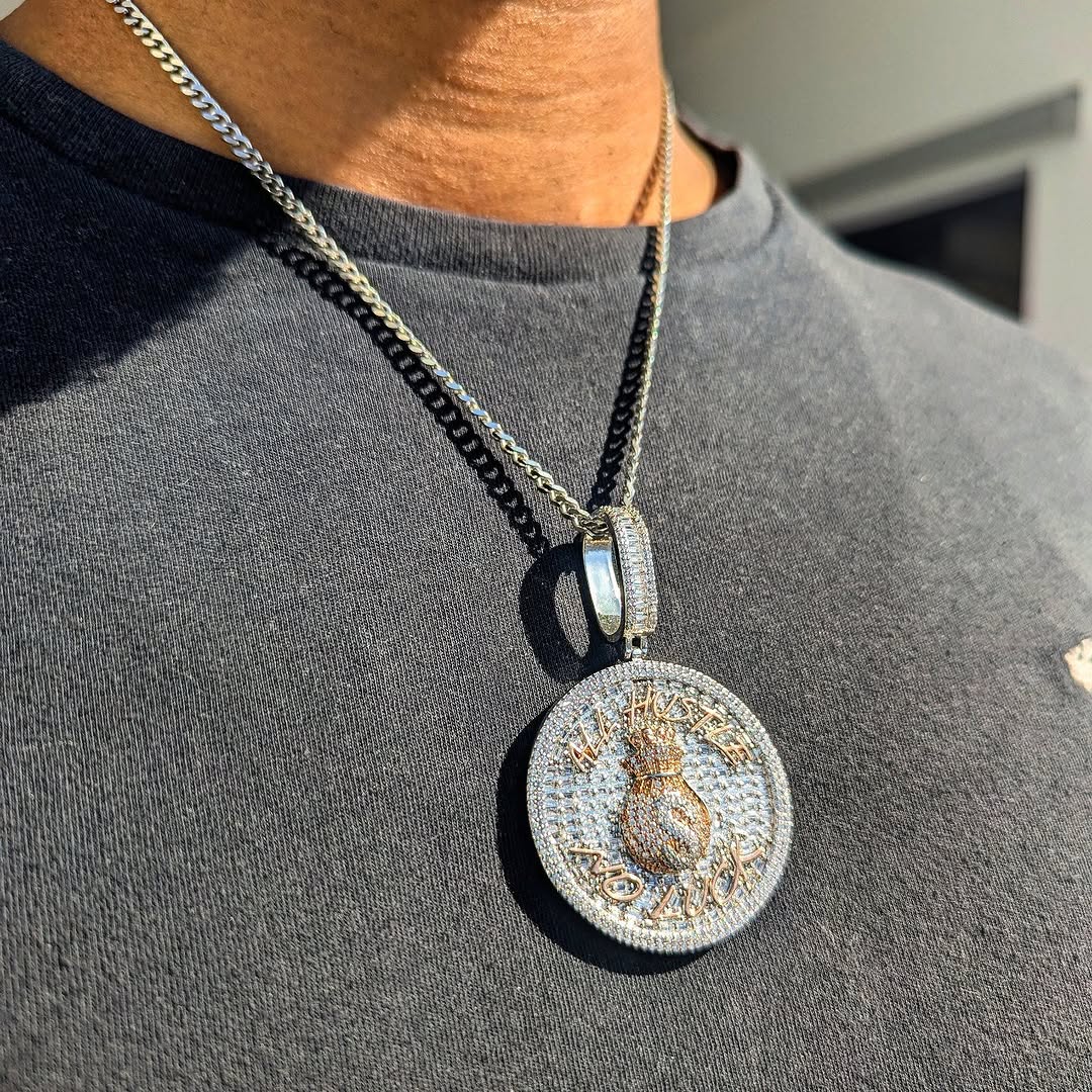 18k Gold Diamond Baguette All Hustle, No Luck Pendant - Drip Culture Jewelry
