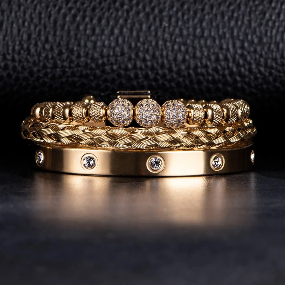 18k Gold Diamond Ball Bracelet Set (3 Pieces) - Drip Culture Jewelry