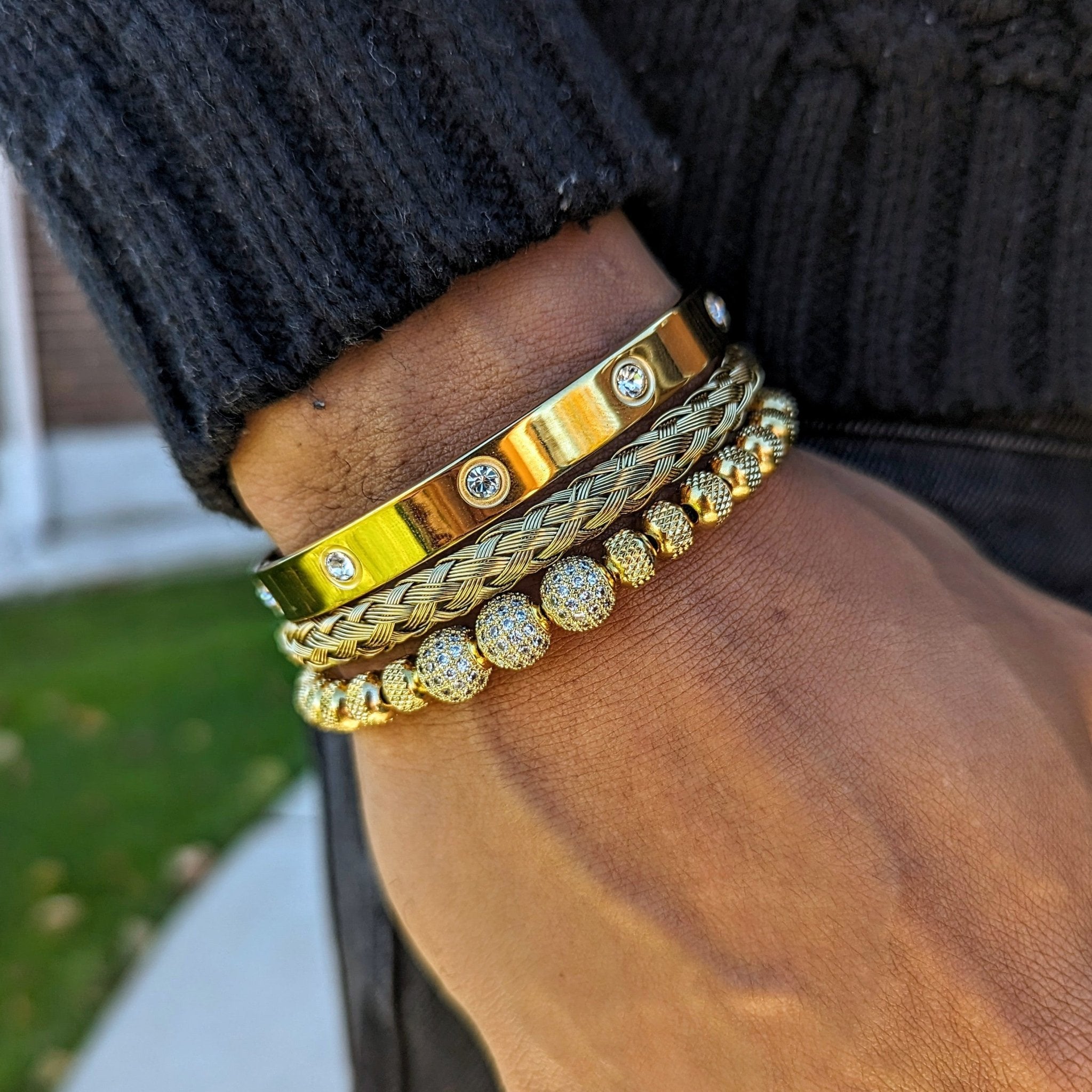 18k Gold Diamond Ball Bracelet Set (3 Pieces) - Drip Culture Jewelry