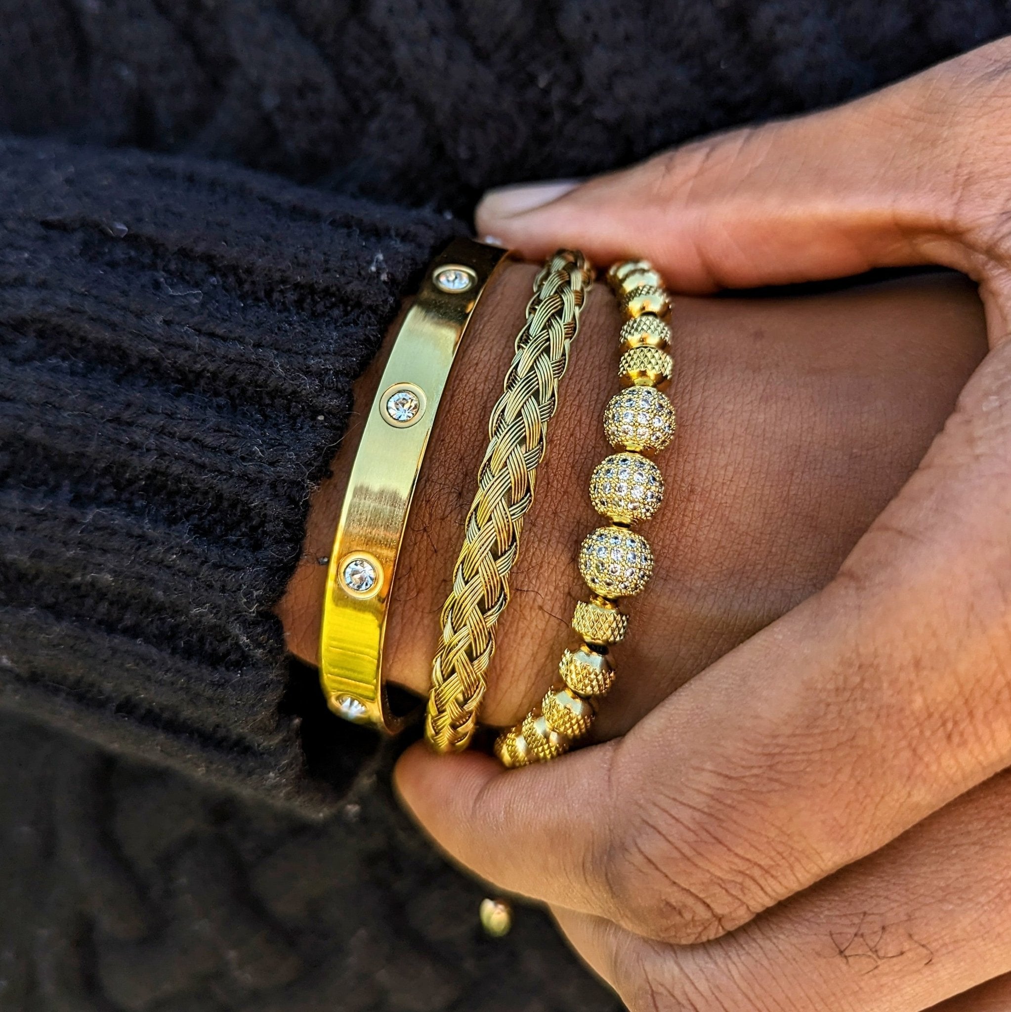 18k Gold Diamond Ball Bracelet Set (3 Pieces) - Drip Culture Jewelry