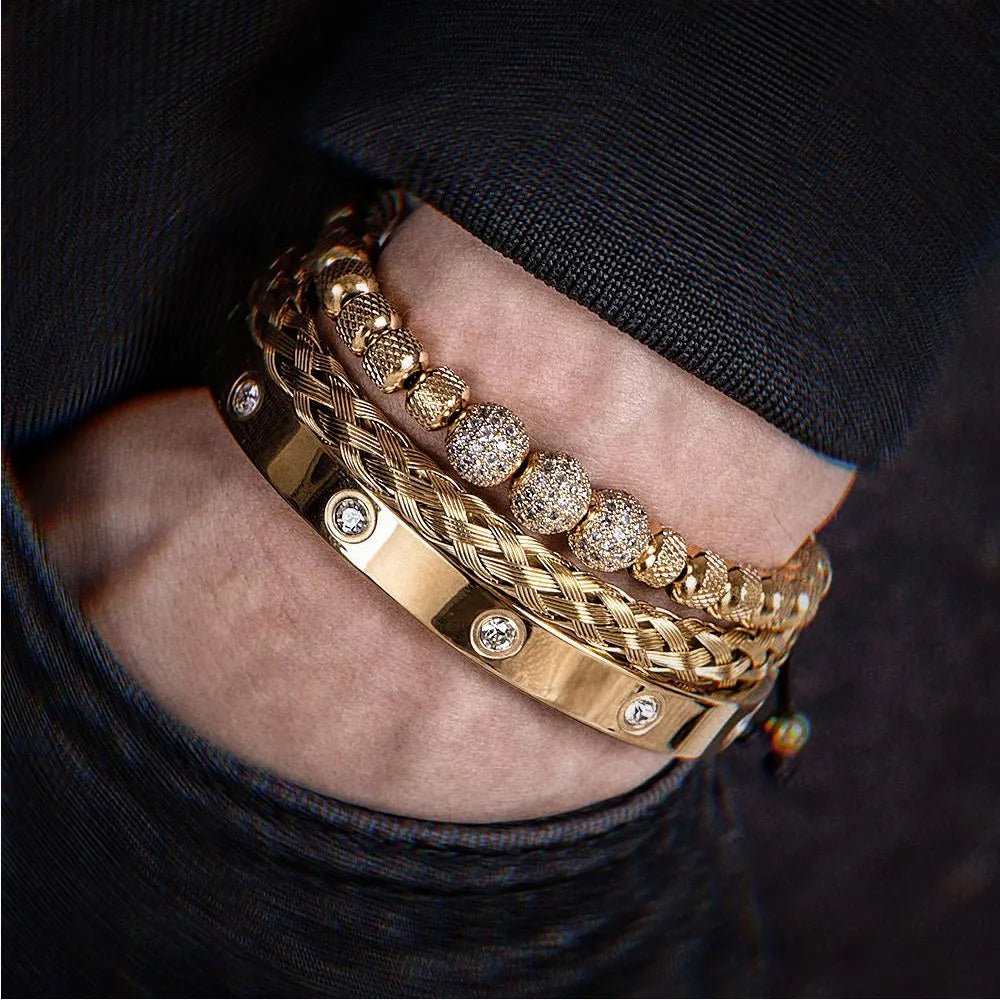 18k Gold Diamond Ball Bracelet Set (3 Pieces) - Drip Culture Jewelry