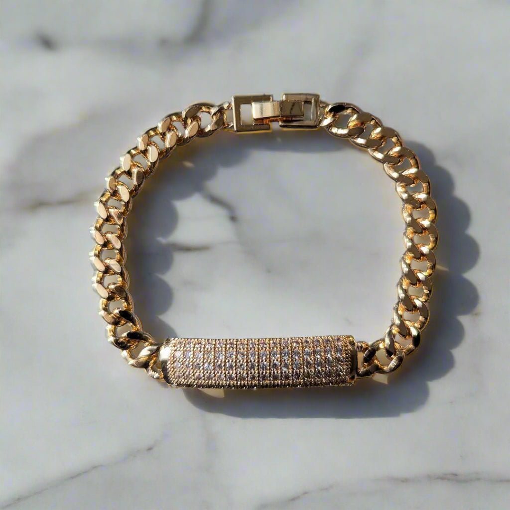 18k Gold Diamond Bar Cuban Link Bracelet - Drip Culture Jewelry