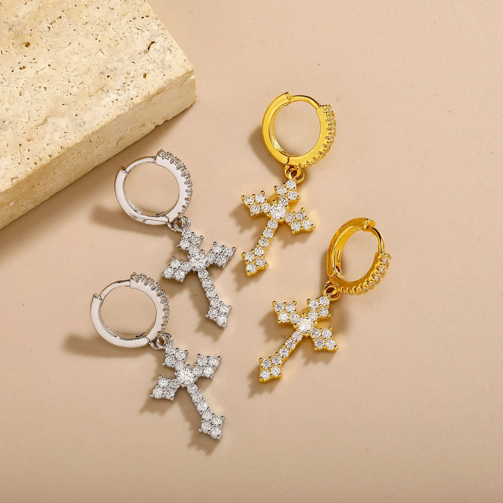 18k Gold Diamond Cross Earrings - Drip Culture Jewelry