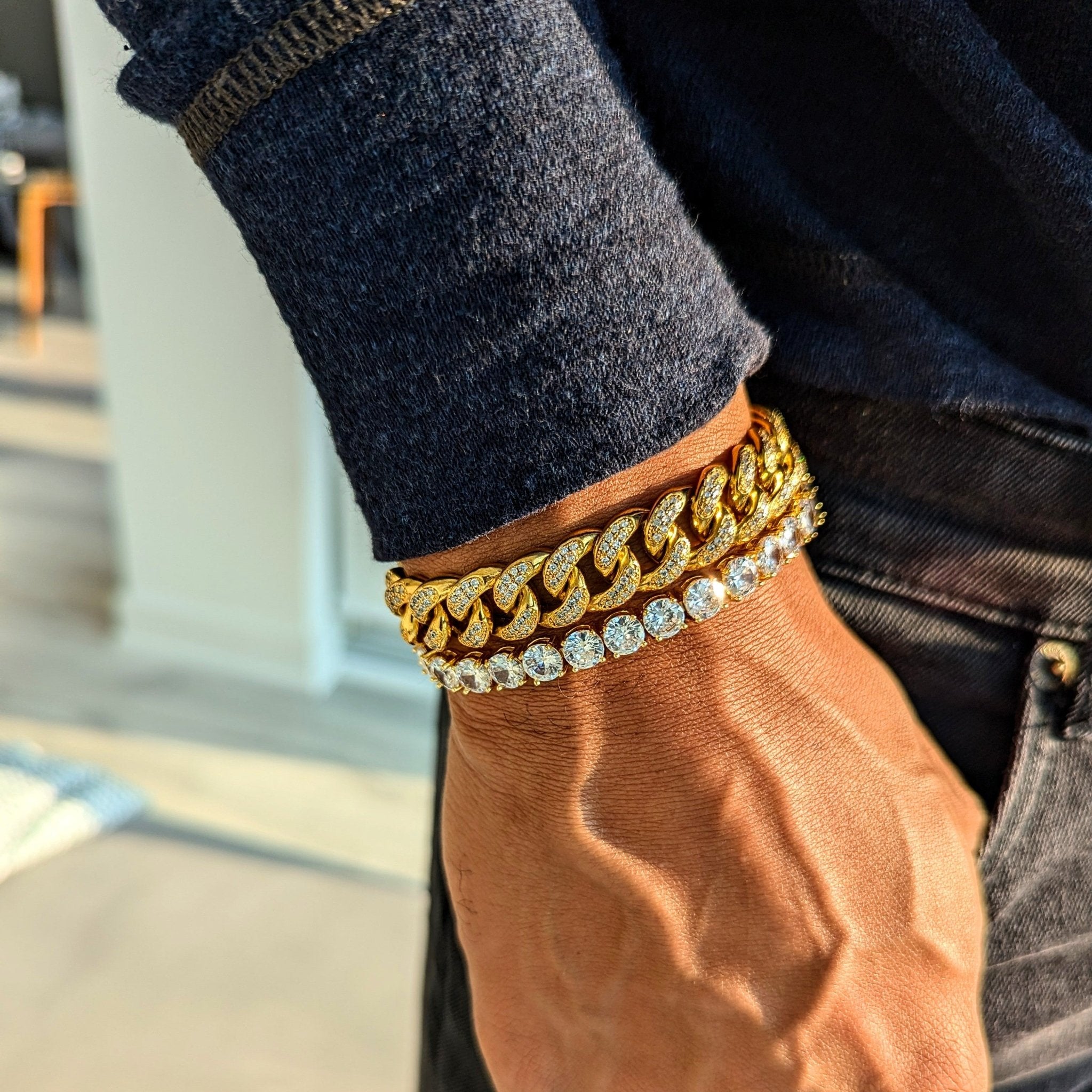 18K Gold Diamond Cuban Link, Tennis Bracelet Set (2 Pieces) - Drip Culture Jewelry