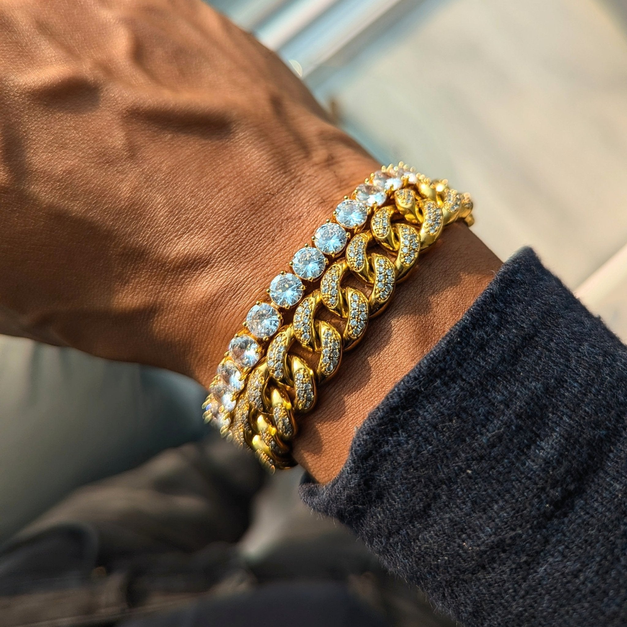 18K Gold Diamond Cuban Link, Tennis Bracelet Set (2 Pieces) - Drip Culture Jewelry