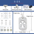 Jewelry product with specifications including moissanite, sterling silver, and GRA certificate on a blue background.