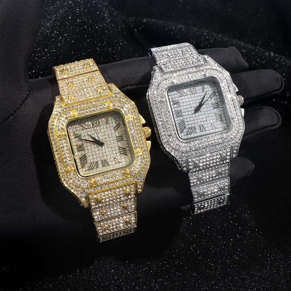 Gold and silver watches with diamond-studded faces on a black background