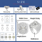 Jewelry product with specifications including moissanite, sterling silver, and GRA certificate on a blue background.
