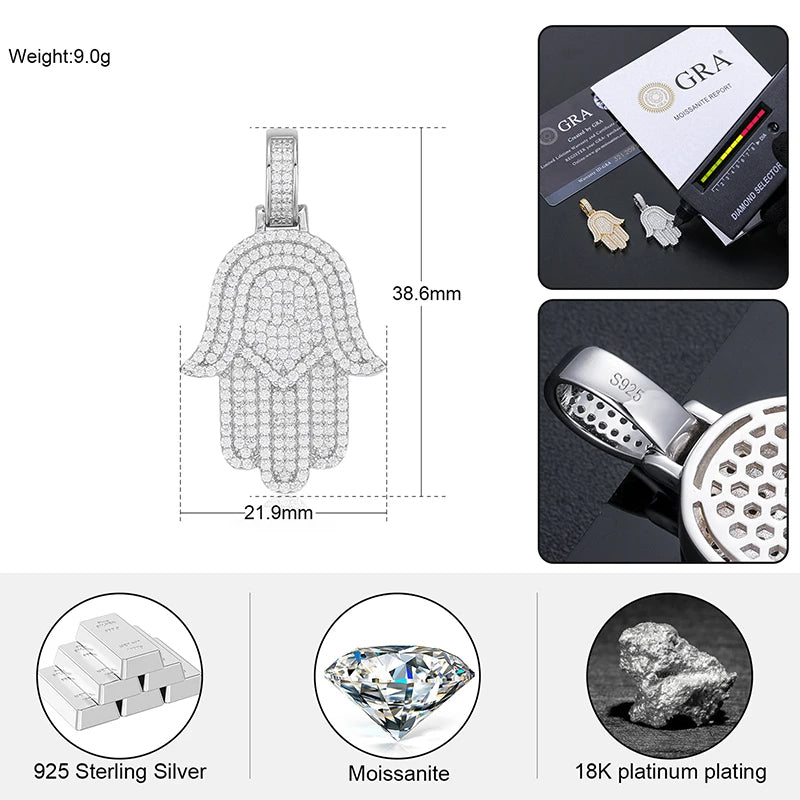Silver Hamsa pendant with measurements, GRA certification, and material details.