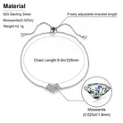 Silver bracelet with moissanite stones and specifications on a white background