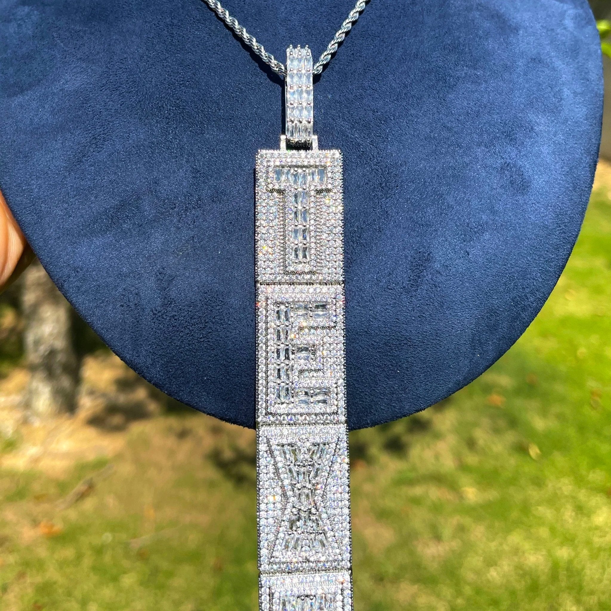 Custom 18k Gold Diamond & Baguette Vertical Pendant - Drip Culture Jewelry