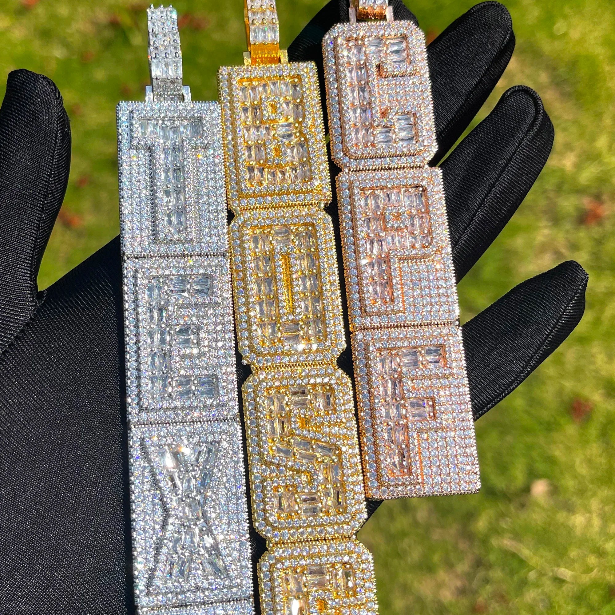 Custom 18k Gold Diamond & Baguette Vertical Pendant - Drip Culture Jewelry