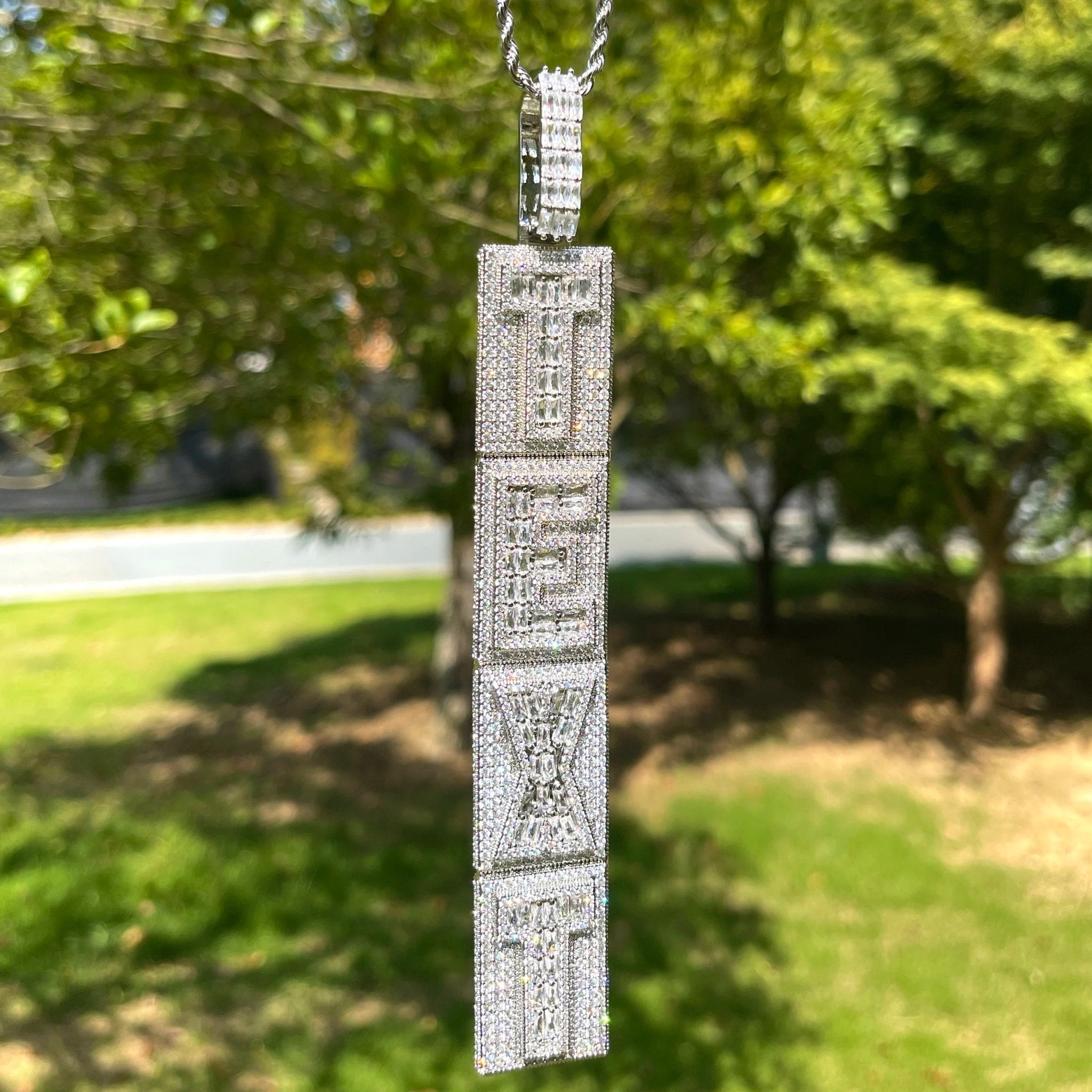 Custom 18k Gold Diamond & Baguette Vertical Pendant - Drip Culture Jewelry