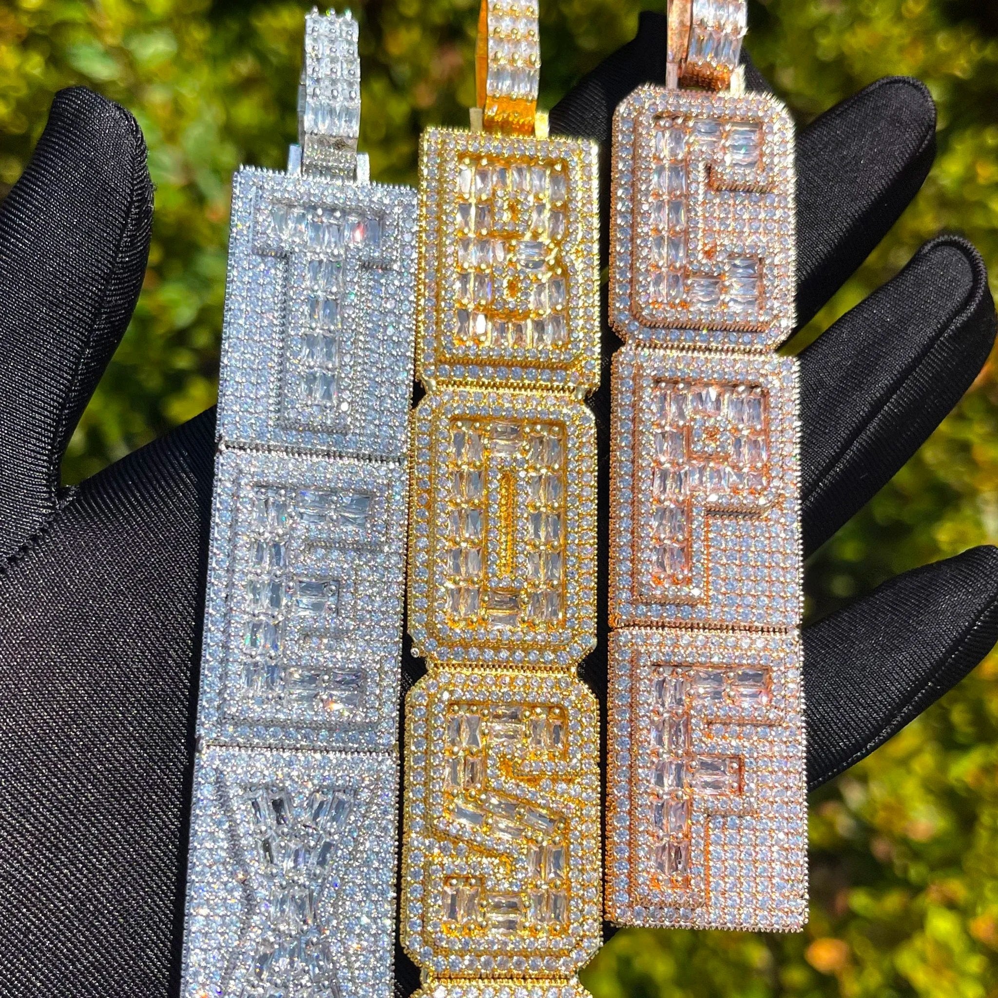 Custom 18k Gold Diamond & Baguette Vertical Pendant - Drip Culture Jewelry