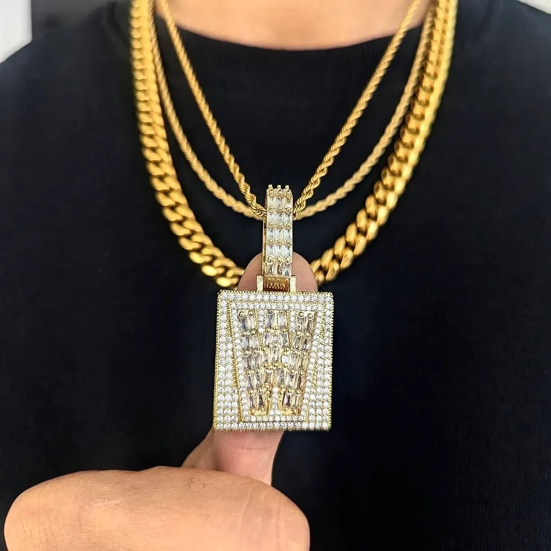 Custom 18k Gold Diamond & Baguette Vertical Pendant - Drip Culture Jewelry