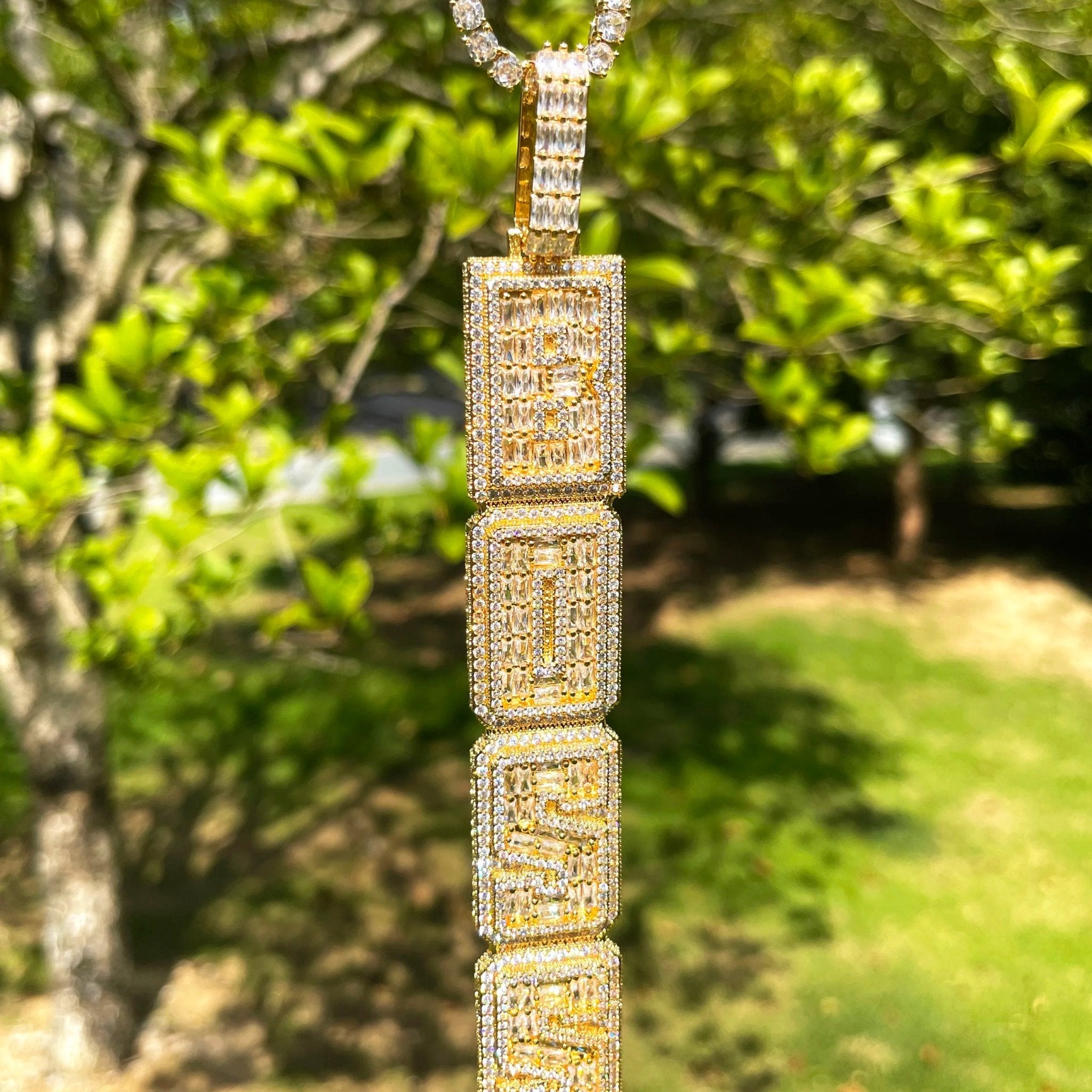 Custom 18k Gold Diamond & Baguette Vertical Pendant - Drip Culture Jewelry