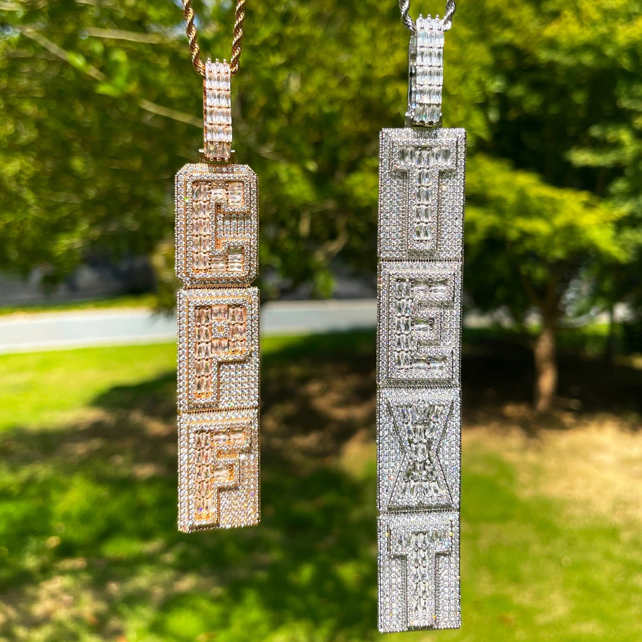 Custom 18k Gold Diamond & Baguette Vertical Pendant - Drip Culture Jewelry