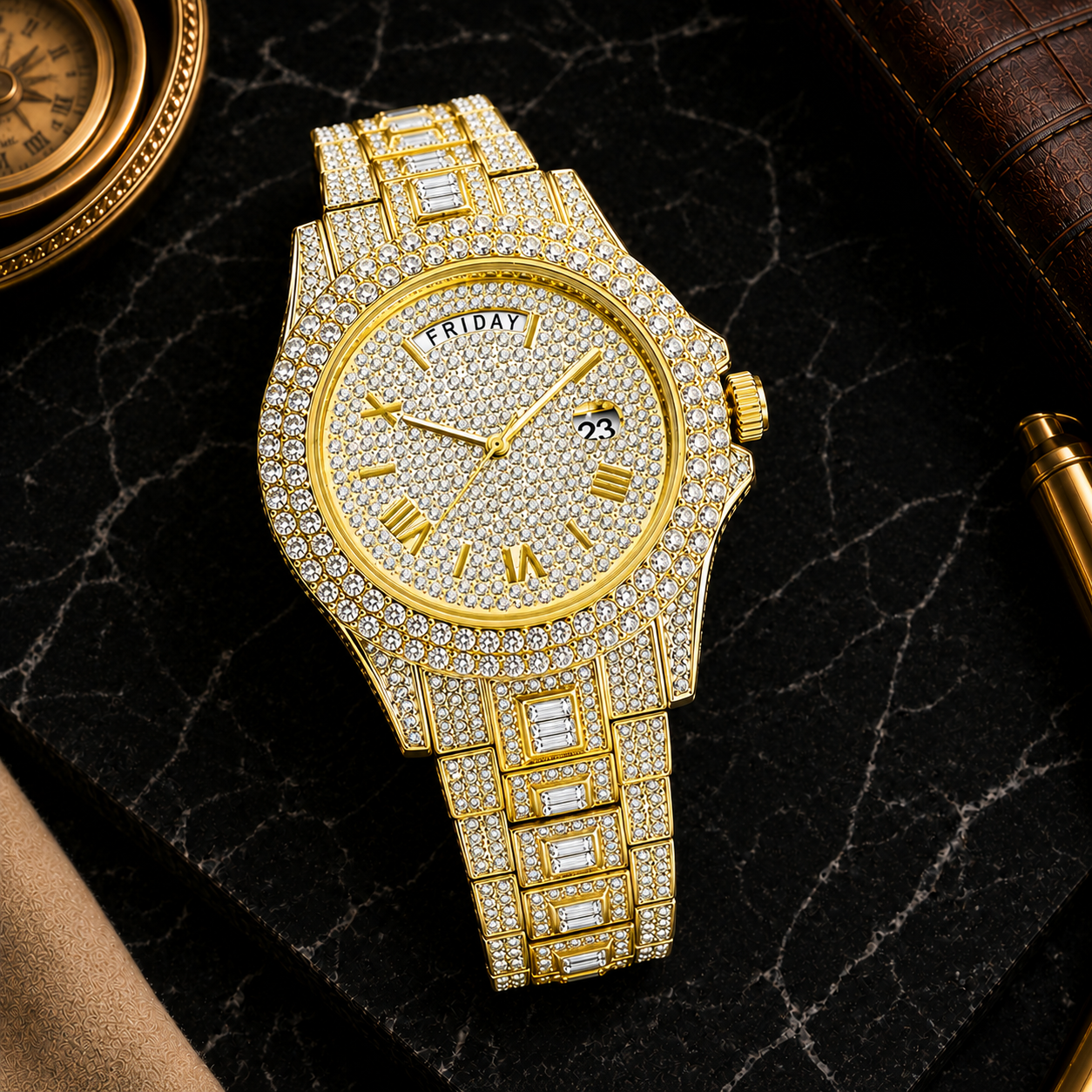 A luxury gold-tone wristwatch with a diamond-encrusted bezel and link bracelet, featuring a day-of-week dial and date window, displayed on a black marble surface.