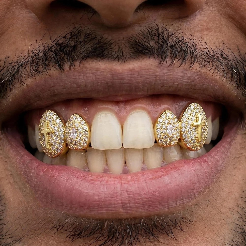 18K Gold Diamond 2-Tooth Cross Grillz | Iced Out Gold Grillz