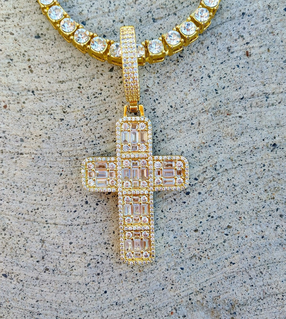 18K Gold Baguette Cross - Drip Culture Jewelry
