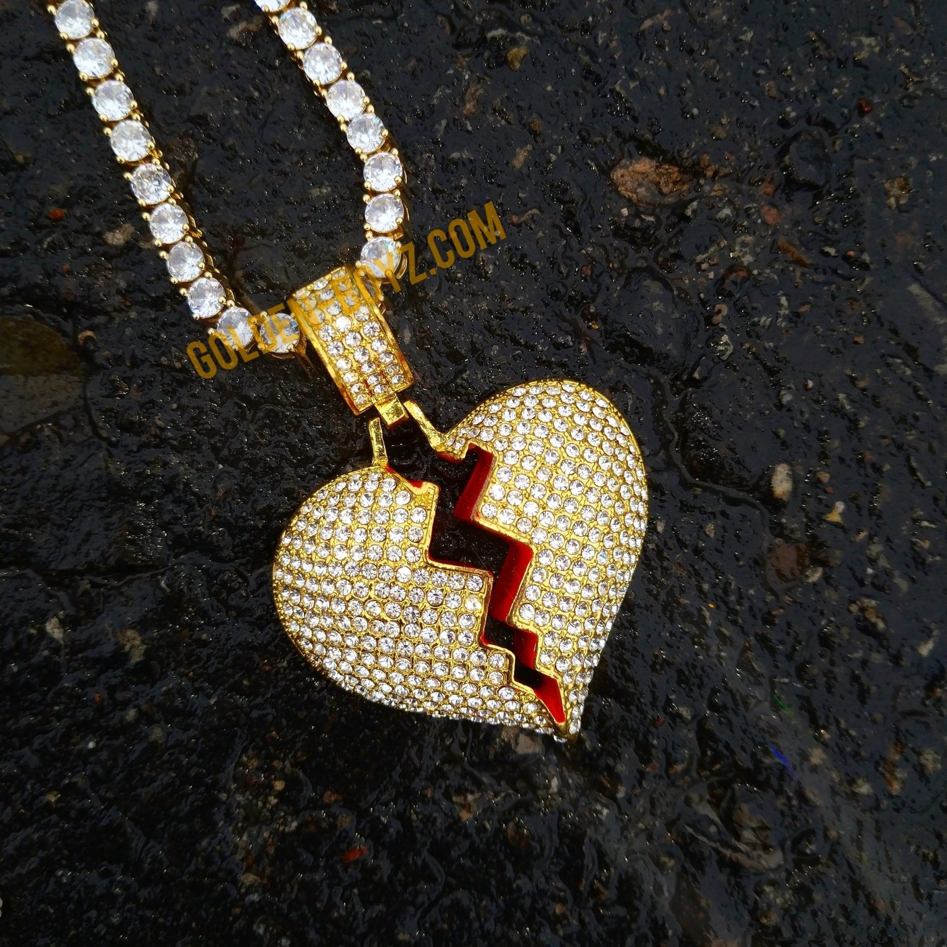 18K Gold Icy Broken Heart heartbreak pendant iced out broken