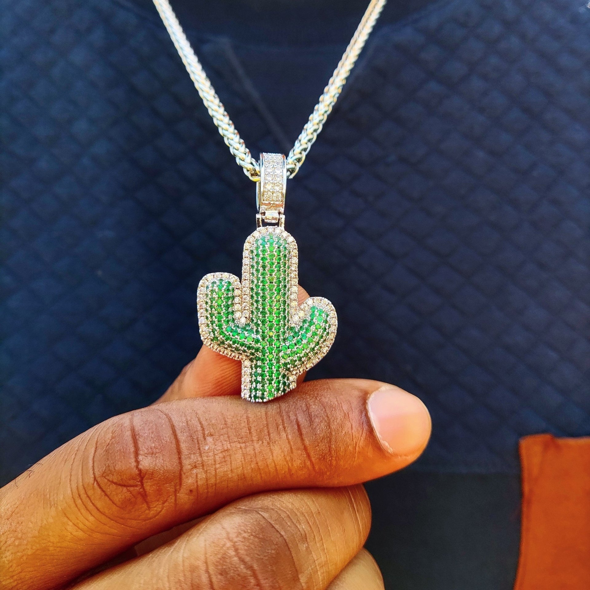 18K Gold Diamond Cactus, White Gold / Rope Chain / 24inch