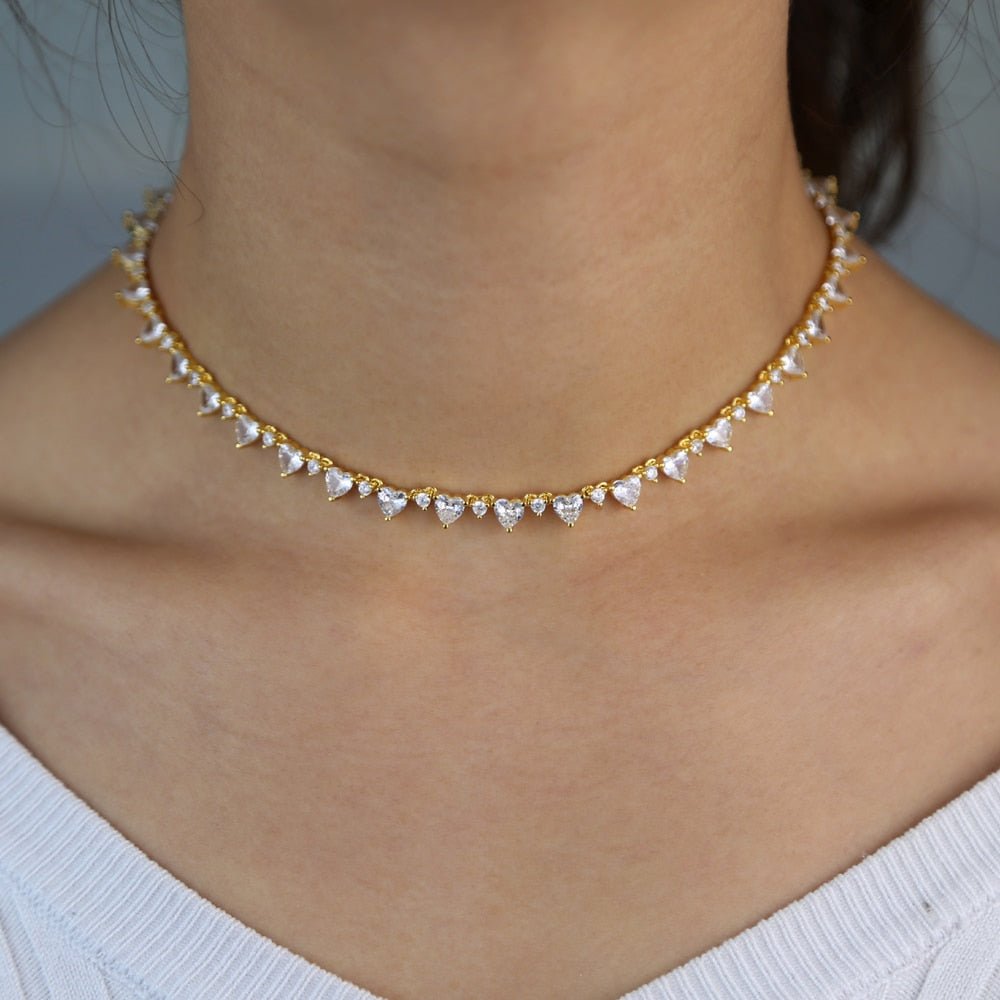 18k Gold Diamond Heart Shaped Tennis Necklace - Drip Culture Jewelry