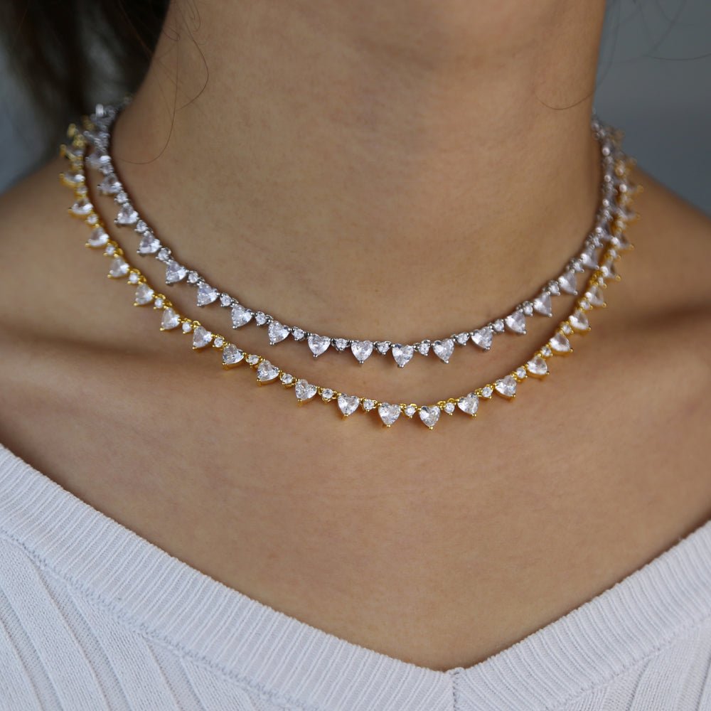 18k Gold Diamond Heart Shaped Tennis Necklace - Drip Culture Jewelry