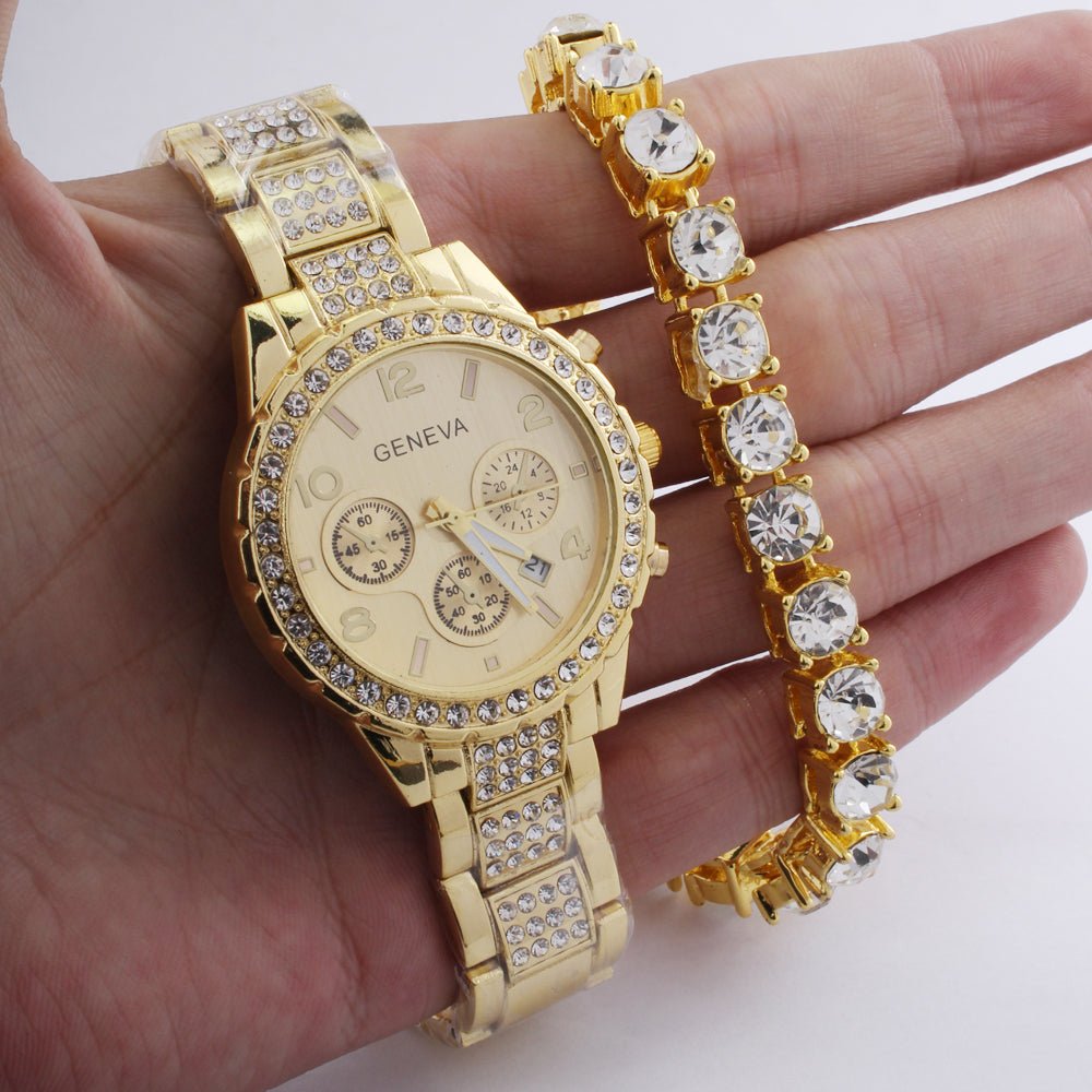 18k Gold Diamond Icy Watch Set - Drip Culture Jewelry