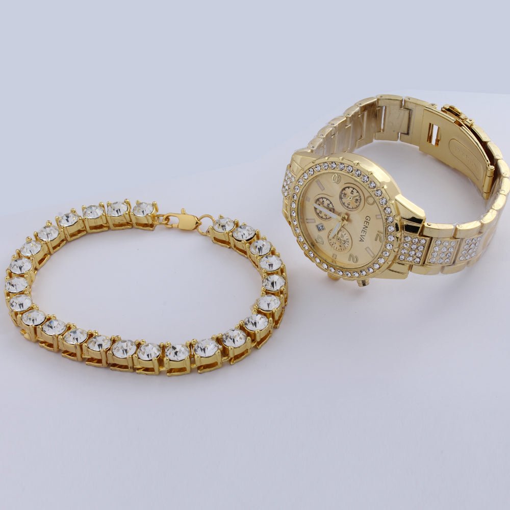 18k Gold Diamond Icy Watch Set - Drip Culture Jewelry