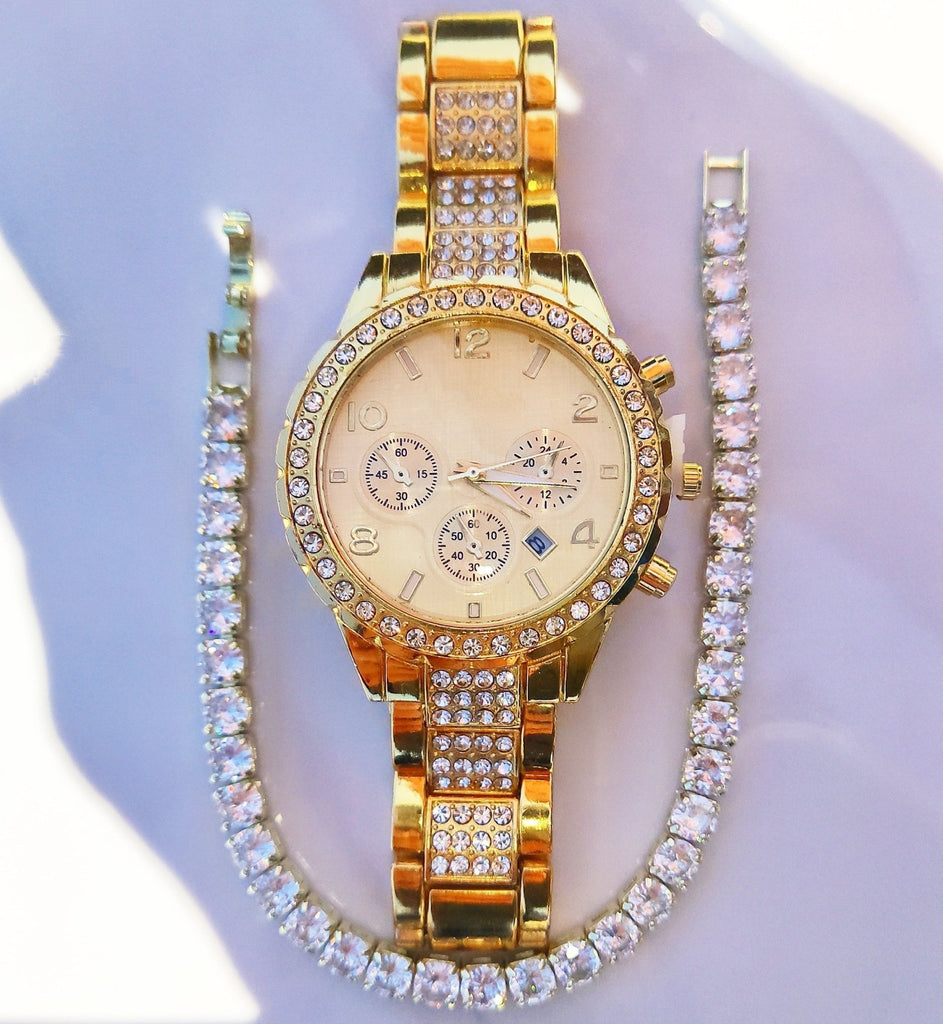 18k Gold Diamond Icy Watch Set - Drip Culture Jewelry