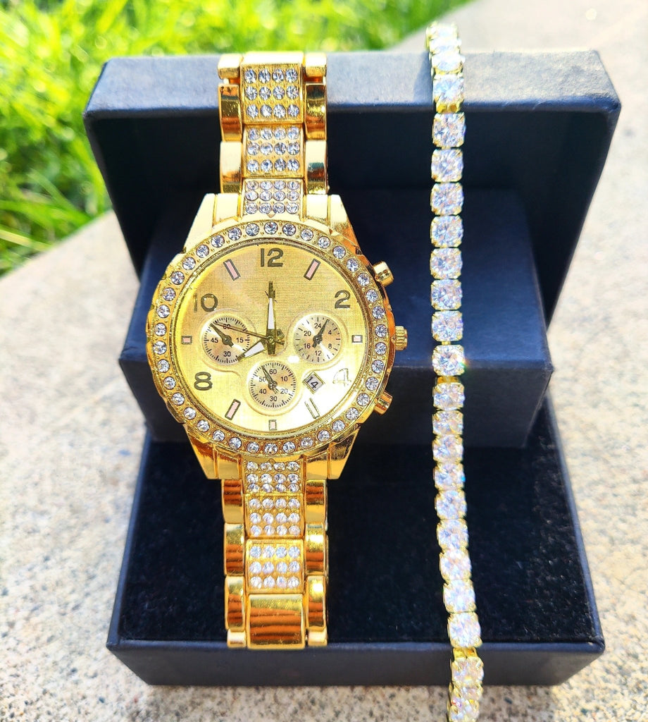 18k Gold Diamond Icy Watch Set - Drip Culture Jewelry