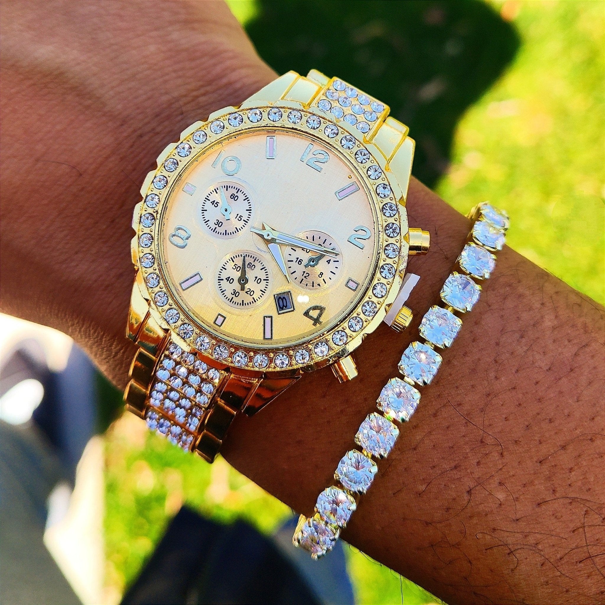18k Gold Diamond Icy Watch Set - Drip Culture Jewelry